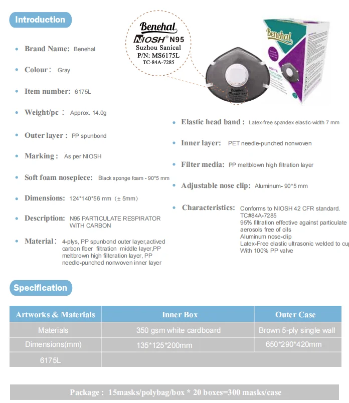 Niosh N95 Mascara de carbon activado N95 carbon Respirador N95 Mascara de polvo Mascara de copa N95 Large size carbon mask