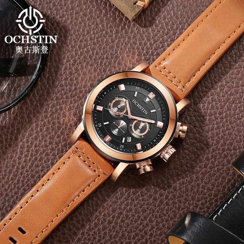 OCHSTIN 064 top 10 brands China mens clock nice Genuine Leather Strap 24 hour Chronograph Waterproof Casual reloj watch