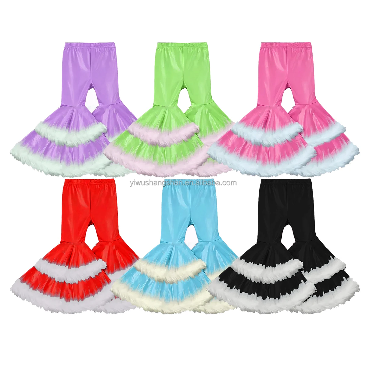Kids Girls Pure Colors Double Belled Bottoms pu leather metallic Baby Elastic Fur Trimmed Flare Pants