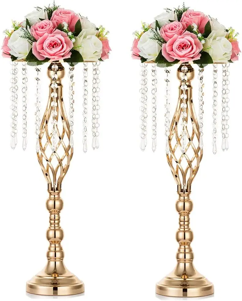 Metal Gold Wedding Centerpieces Table Decorations Flower Stand Vases Holder with Crystal Bead Chain For Party Wedding Decor