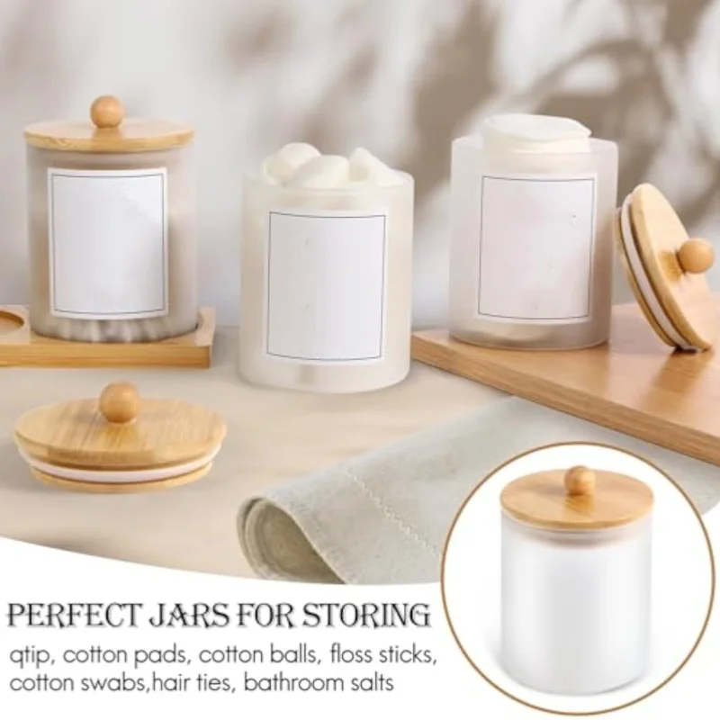 Frosted Glass Holder Apothecary Jars with Bamboo Lid Bathroom Dispenser Storage jars for Cotton Swabs Round Pads Floss