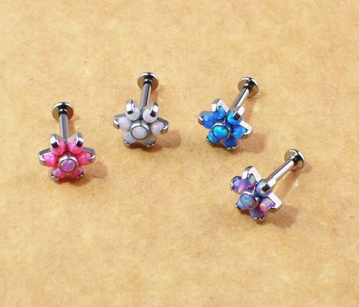 ASTM F136 Titanium Threadless Push Pin Opal Flower Labret Lip Ring Piercing Jewelry