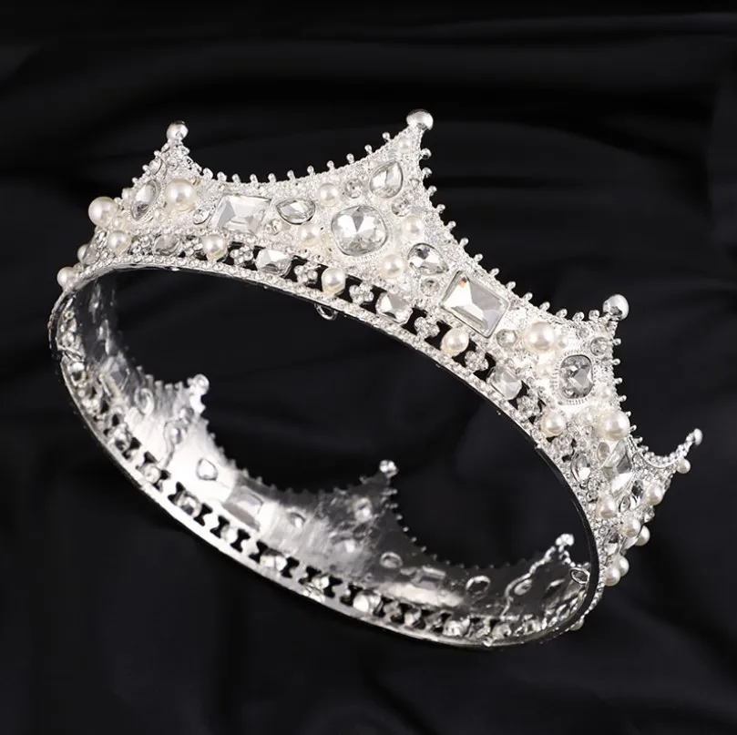 16cm baroque luxury round tiara jewelry rhinestone vintage crown diamond king queen crown