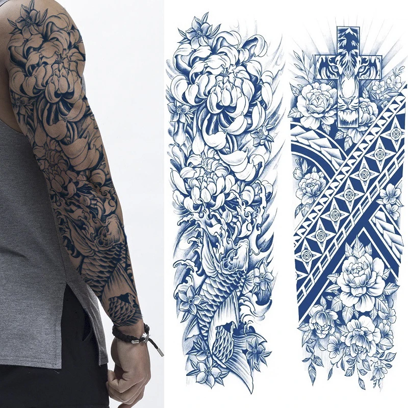 Juice Full Arm Tattoo Sticker Semi-Permanent Waterproof Temporary Men Blue Ink Dragon Totem Sleeve Body Art Tattoo