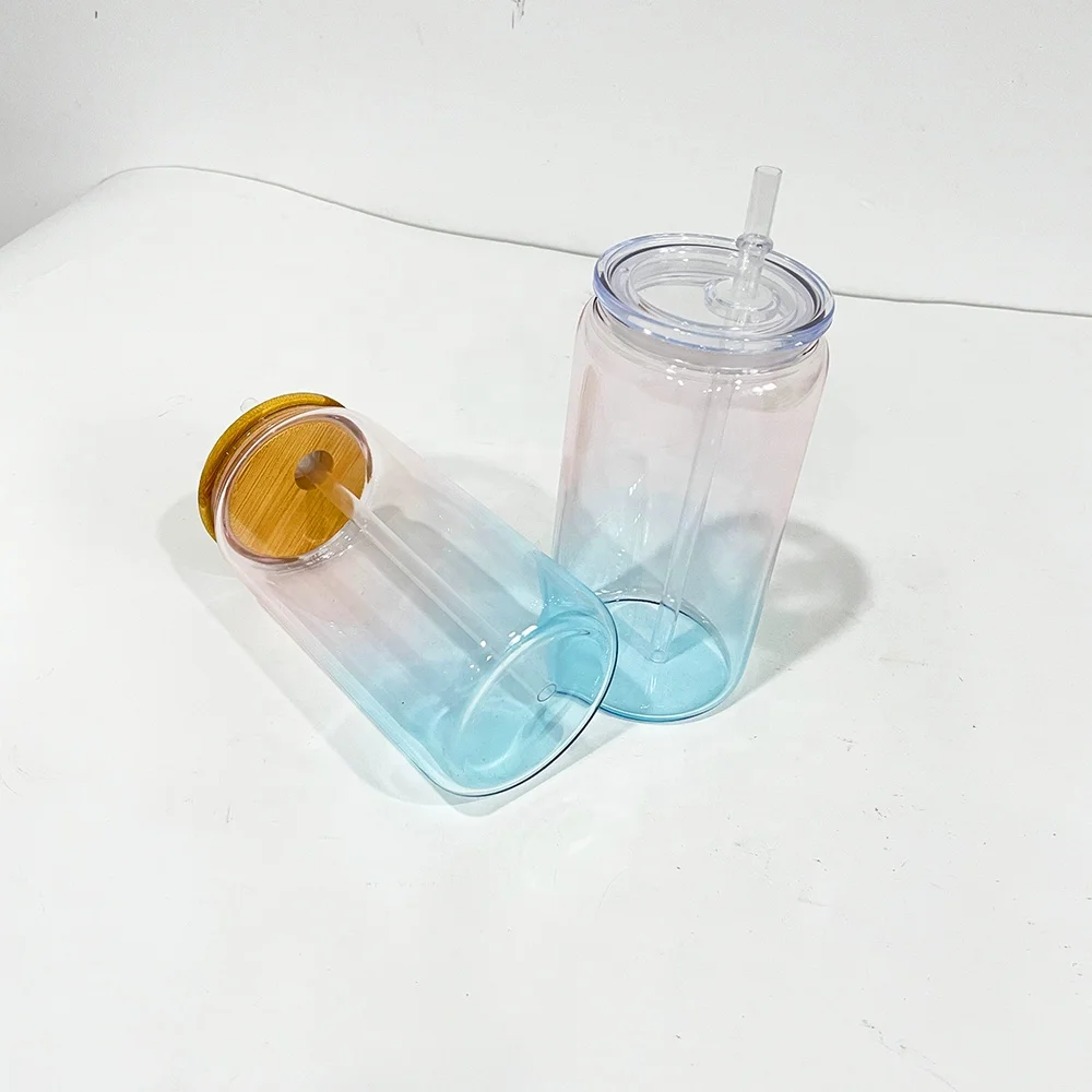 wholesale bulk 16oz ombre jelly crystal ocean glass can for UV DTF wraps 16oz glass mason jar