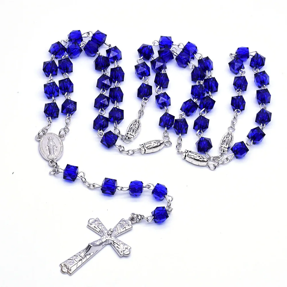 2023 Komi Blue Plastic Square Beads Cross Necklace Handmade Curved Needle Virgin Mary Religious Jewelry Rosary Necklace