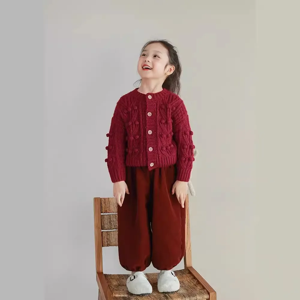 new fashion litter Girl red white hand-Knitted Cardigan solid Sweaters Coat