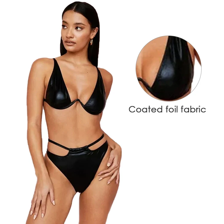 OEM newest fashion coated V neck high leg cut out 2 piece underwire shiny leather bikini for women