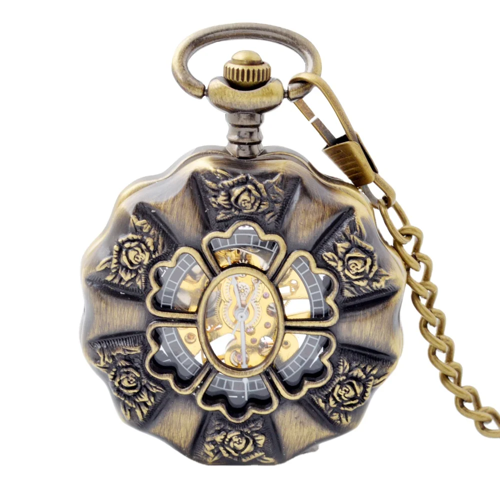Ancient Style Flower Shape Hollowed Out Machine Pocket Watch With Thin Chain
