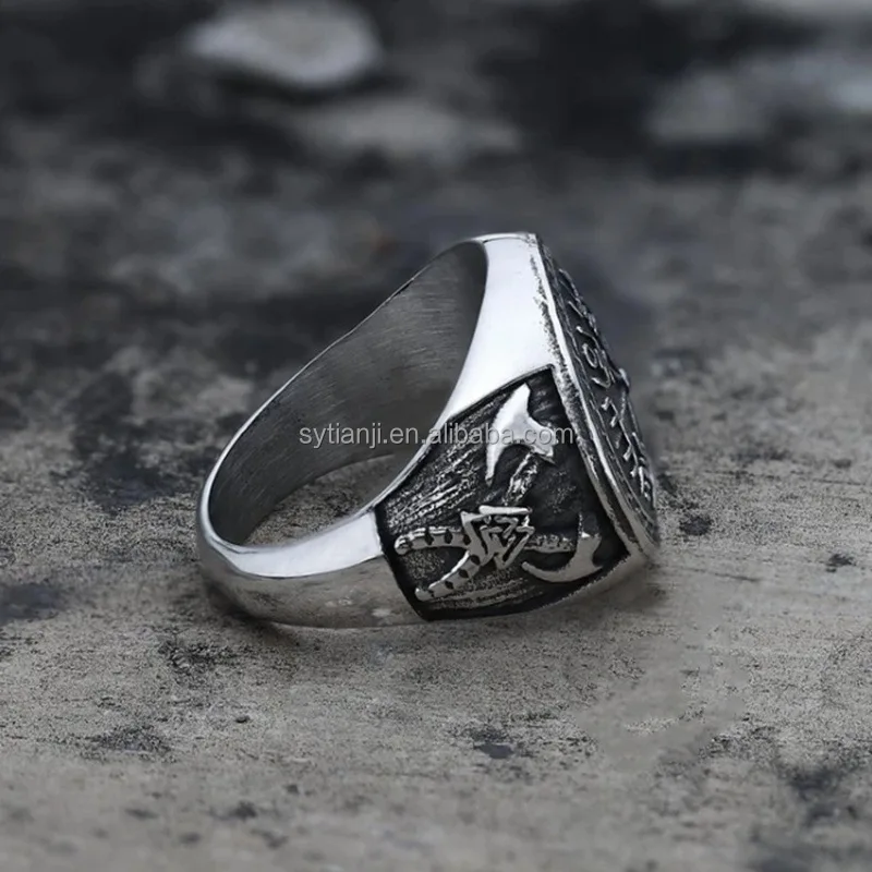 Nordic Man Stainless Vintage Steel Viking Ring Retro Jewelry Wholesale Silver Cross Religious Gemstone Rings