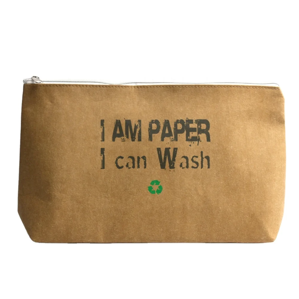 Eco-friendly Customize logo promotional paper zipper pouch luxury makeup bag washable kraft paper bag
