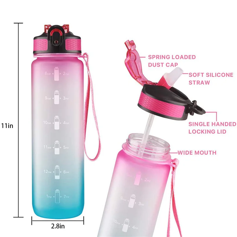 3 in 1 PC Plastic Large Capacity 1000ml/32OZ Sport Plastic Water Bottle Set Bottles Wholesale with Time Reminder
