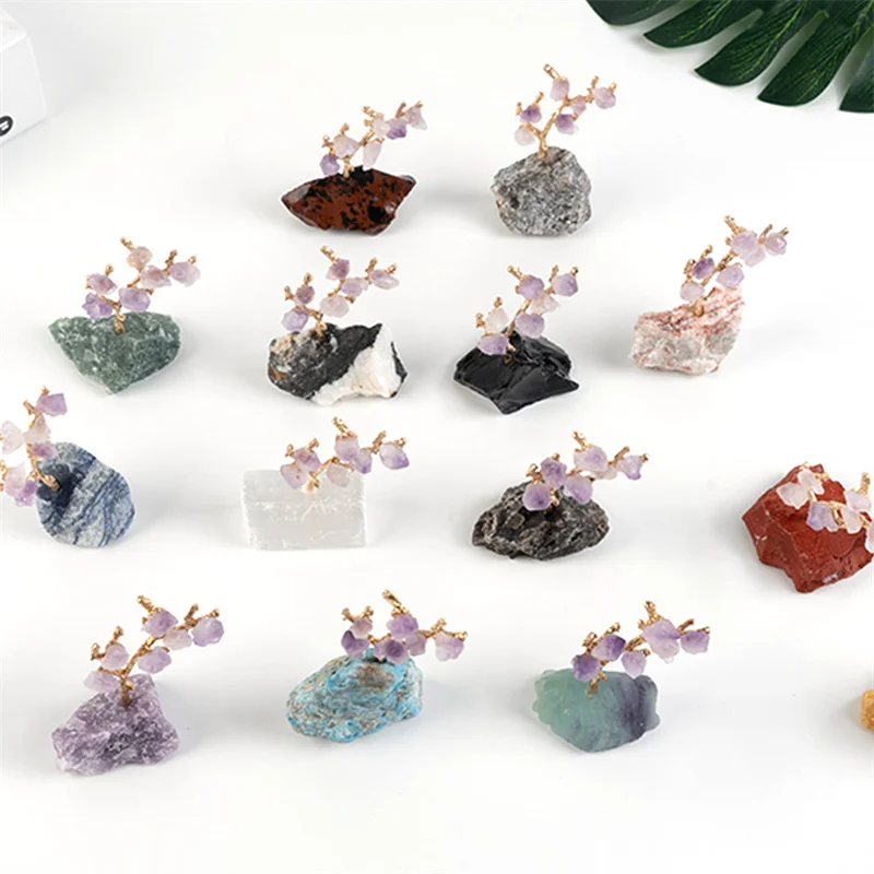 New Arrival Crystal Tree Hand Crafts Mixed Quartz Raw Stone Amethyst Rough Stone Metal Tree For Home Ornament