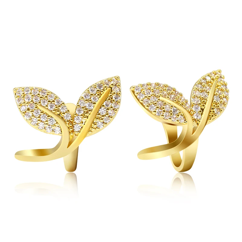 2022 Wholesale Korea Brass Women Jewelry Pave Zircon Cuff Cartilage Non Pierced Clip On Leaf Earrings
