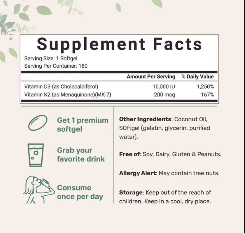 stock Supports Calcium Absorption Bone Immune Heart Health Vitamin D3 and K2 Coconut Oil Softgel 2 in 1 Vitamins D & K Complex