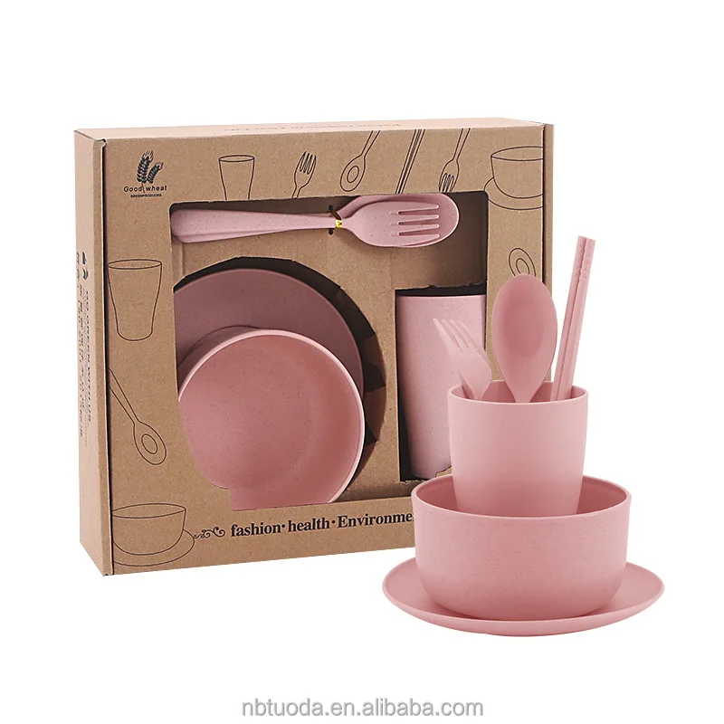 BPA Free Kids Spoon Fork Knife Bowl Cup Plate Wheat Straw Lightweight Dinnerware Sets, Set of Food Tableware
