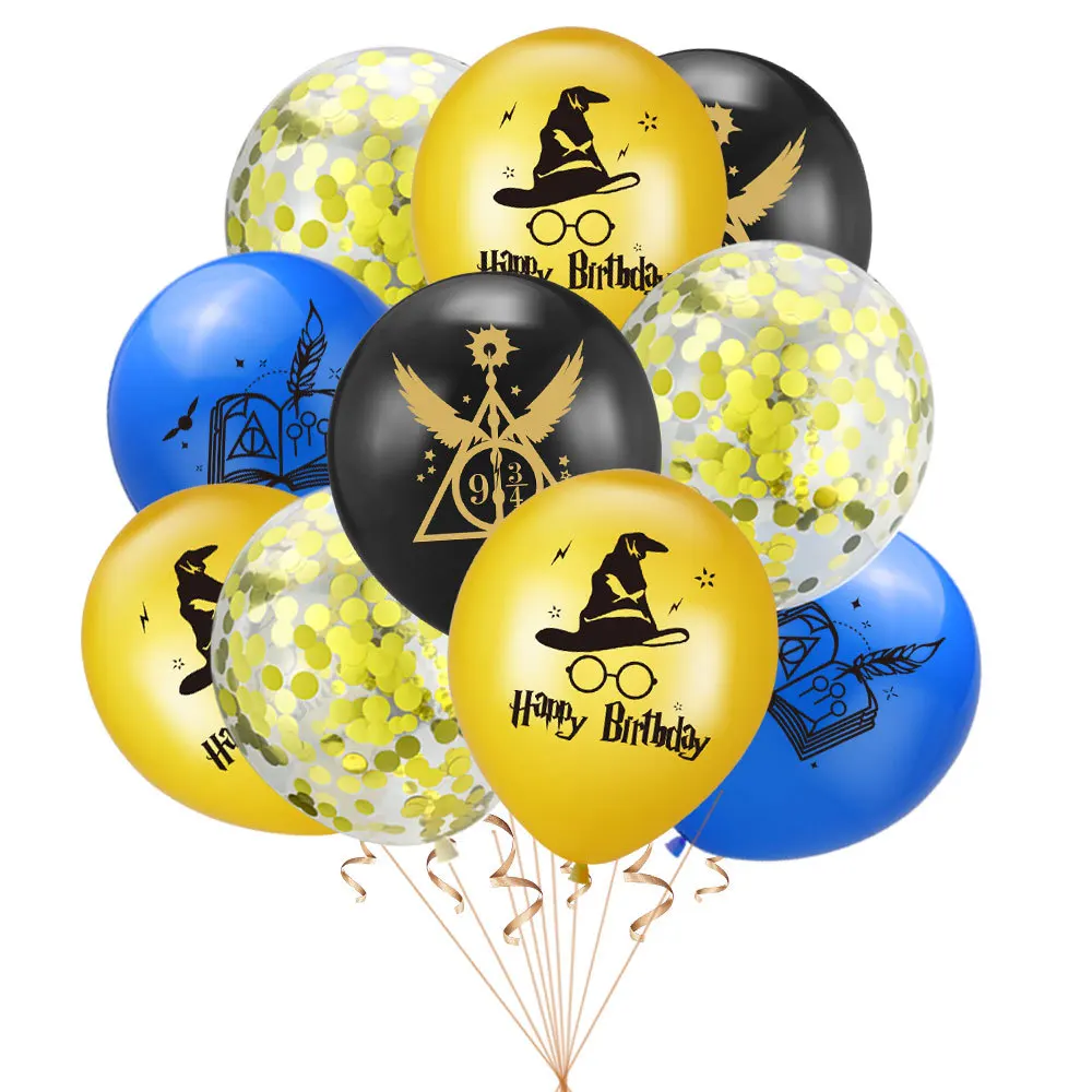 New Harry Potter Party Decoration Happy Birthday Paper Banner Wizard Witcher Hat Glasses Latex Balloon Cake Topper Set