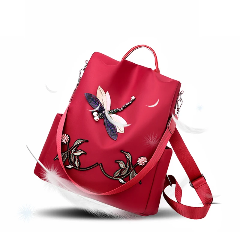 Fashion Chinese Style 3D Dragonfly Embroidery Large Capacity Waterproof Anti-theft Shoulder Bag Casual Travel Women bag Backpack