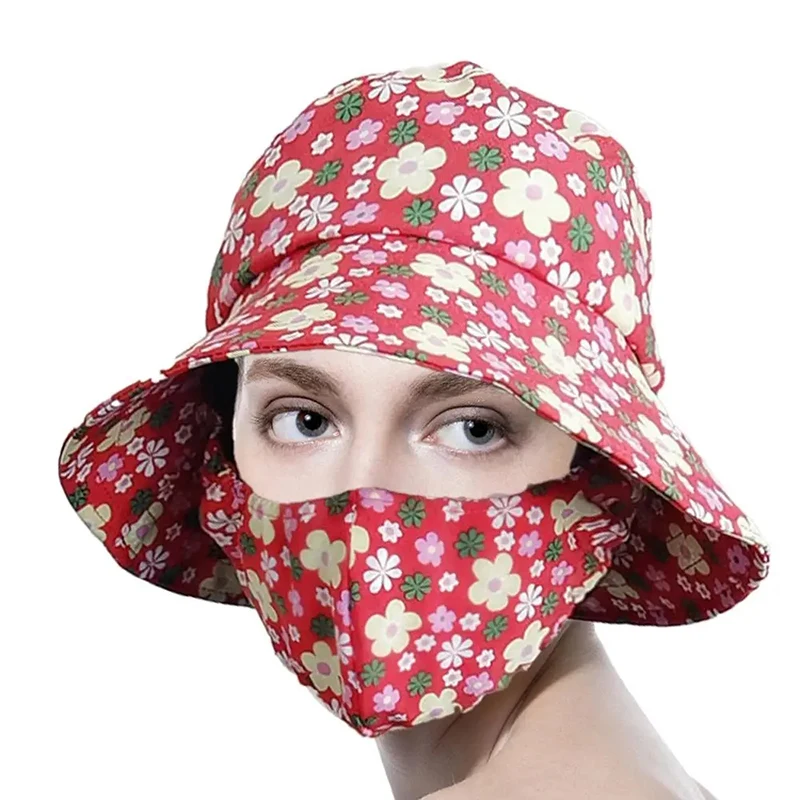 Spring Summer Outdoor Sunscreen Breathable Flower Print Cap For Women Girl Sun Protection Fisherman Hats Bucket Hat With Mask