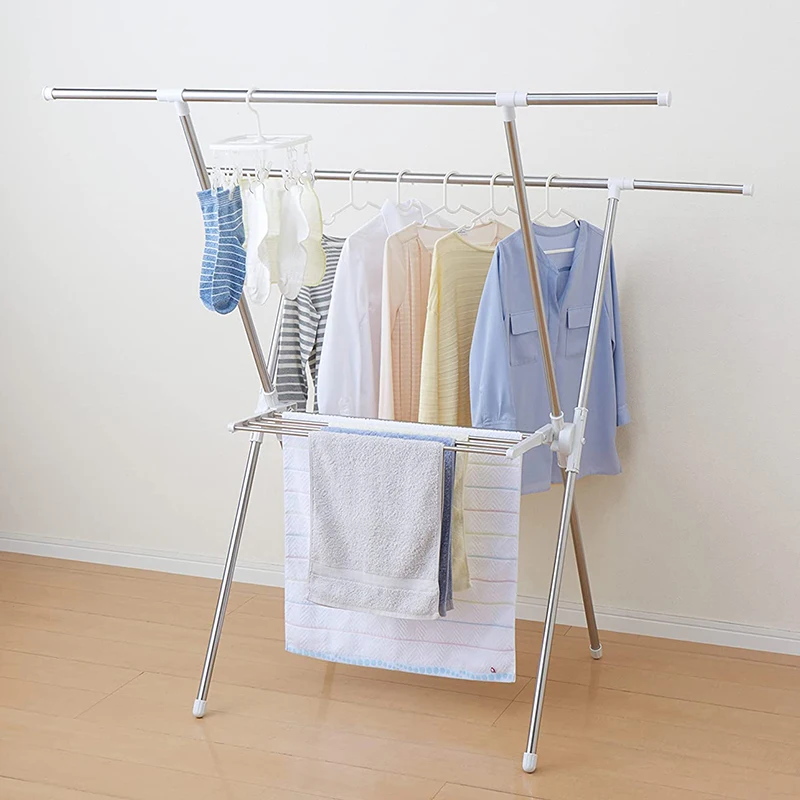 X-Type Foldable Metal Clothes Rack with Wings Heavy Duty Electric Standing Iron and Plastic for Laundry Storage and Drying