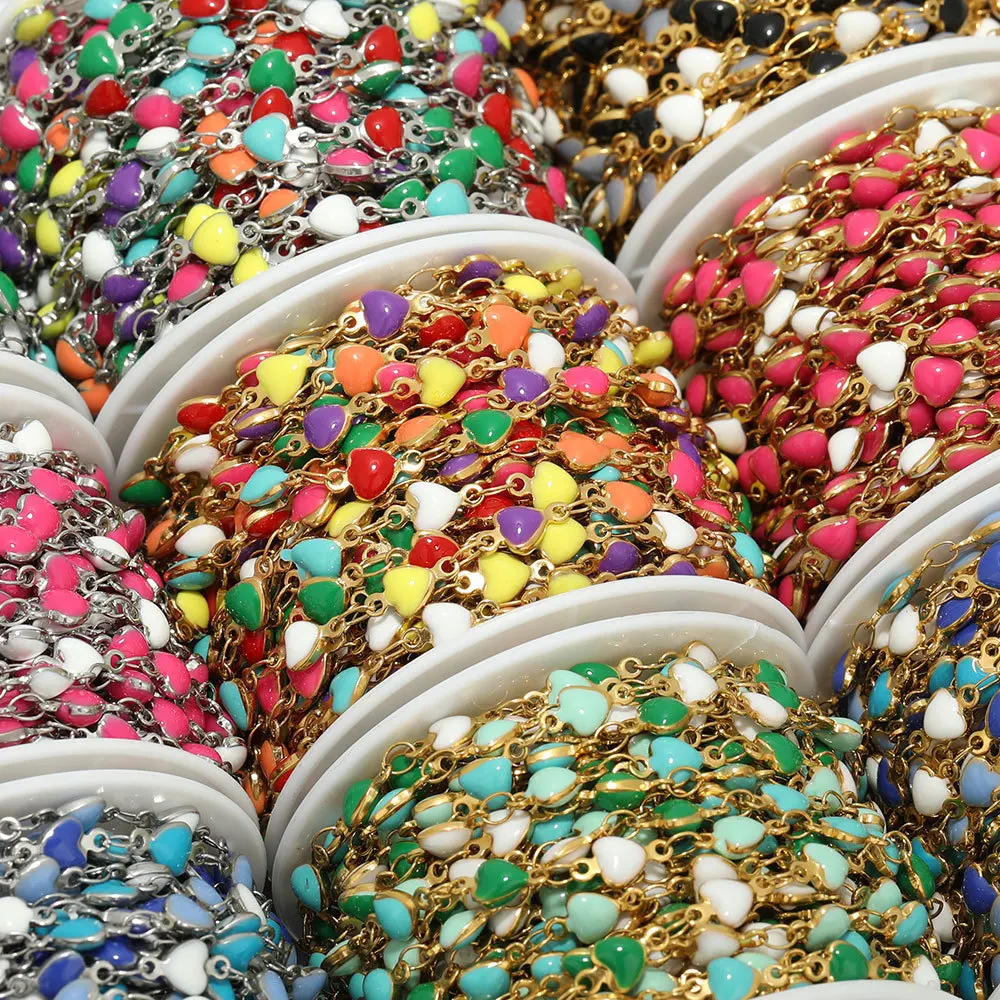 New Stainless Steel Non Tarnish Color Enamel Heart Drop Oil Both Side Chain for DIY Jewelry Necklace Bracelet Accessories