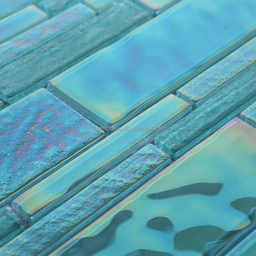 Iridescent Aqua Green Crystal Strip Glass Mosaic Backsplash Tile Swimming Pool Mosaic Tile