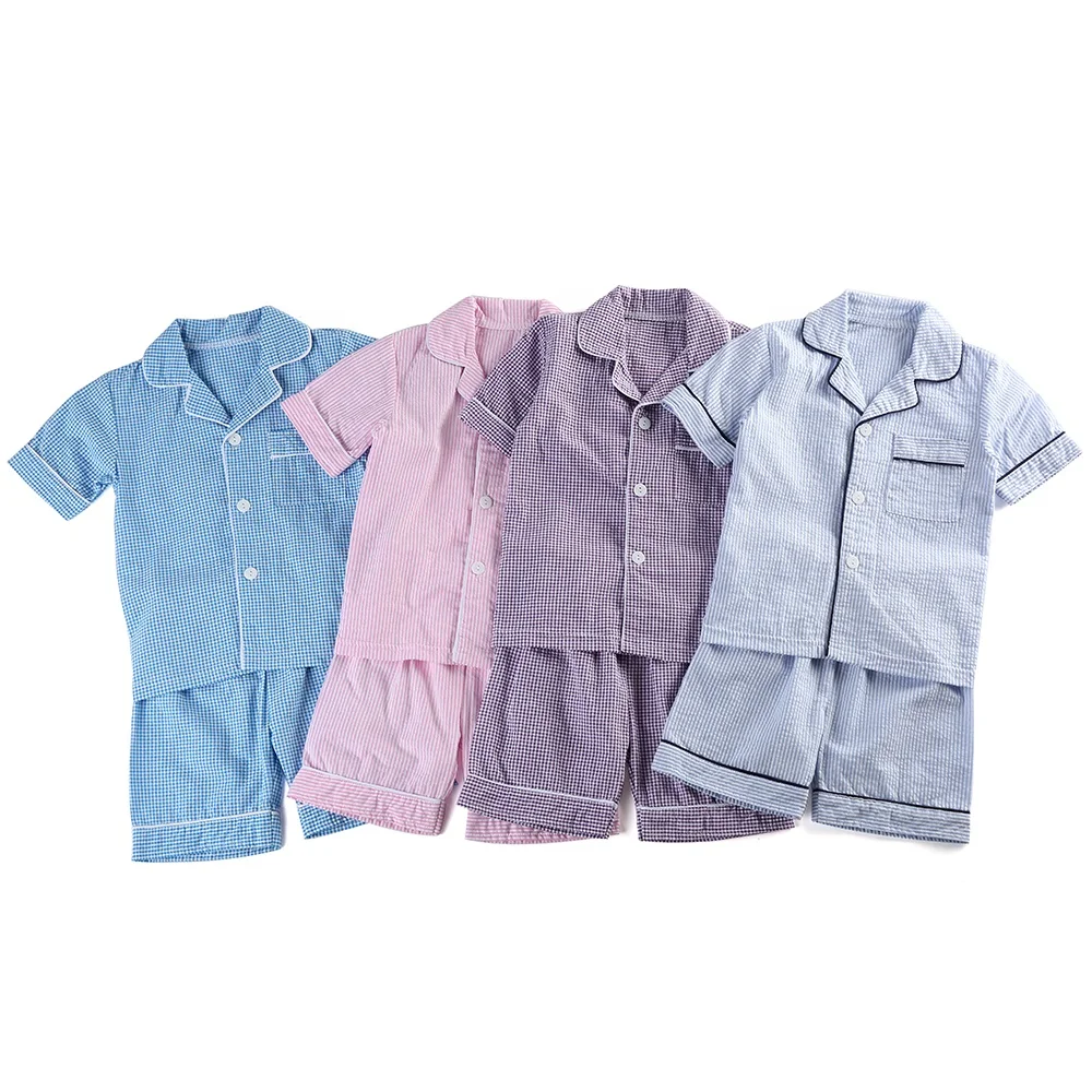 
spring summer short sleeve 100% cotton seersucker buttons up with pocket cheap soft kids boys seersucker pajamas 