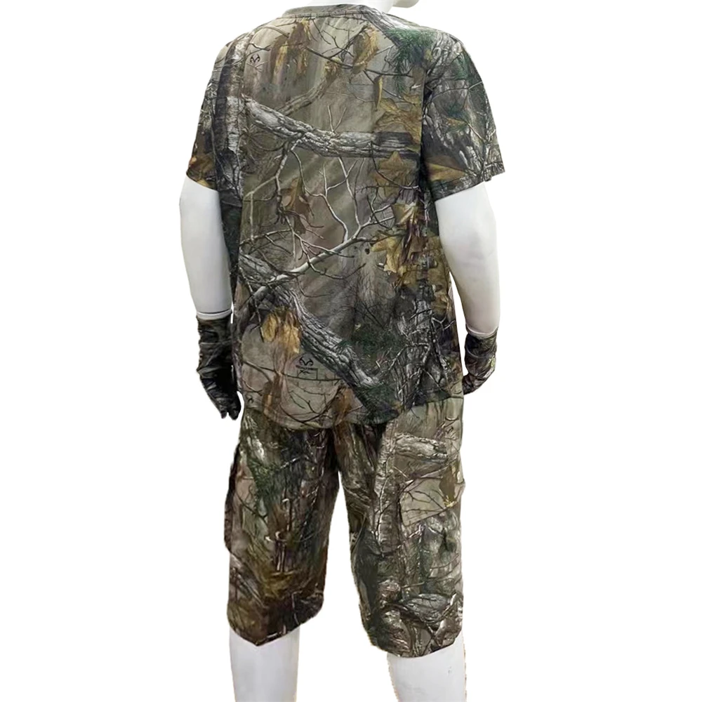 Summer Bionic Camouflage Hunting Fishing Suit Breathable Short Sleeve T-Shirt And Pants Quick Dry Hunting Shirt Hunting Pants