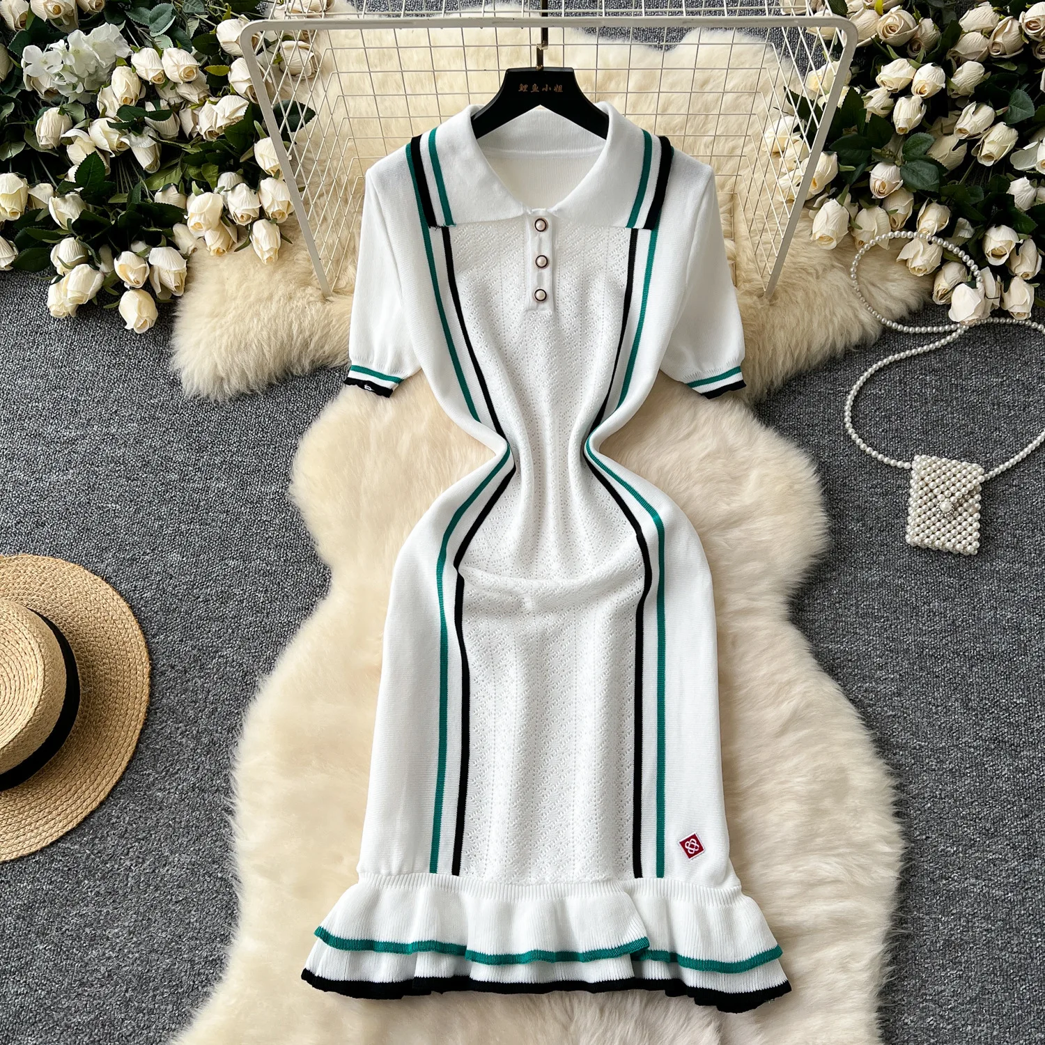 Sexy Knitted Elegant White Dress Featuring Striped Hem and Belted Waist Buttons Choice Skirt Casual  Slim Dresses