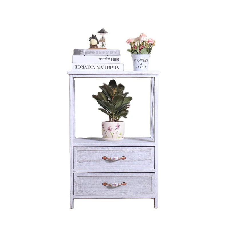 2023 hot models rustic vintage old solid wood nightstand wicker drawer storage Wood Grain White