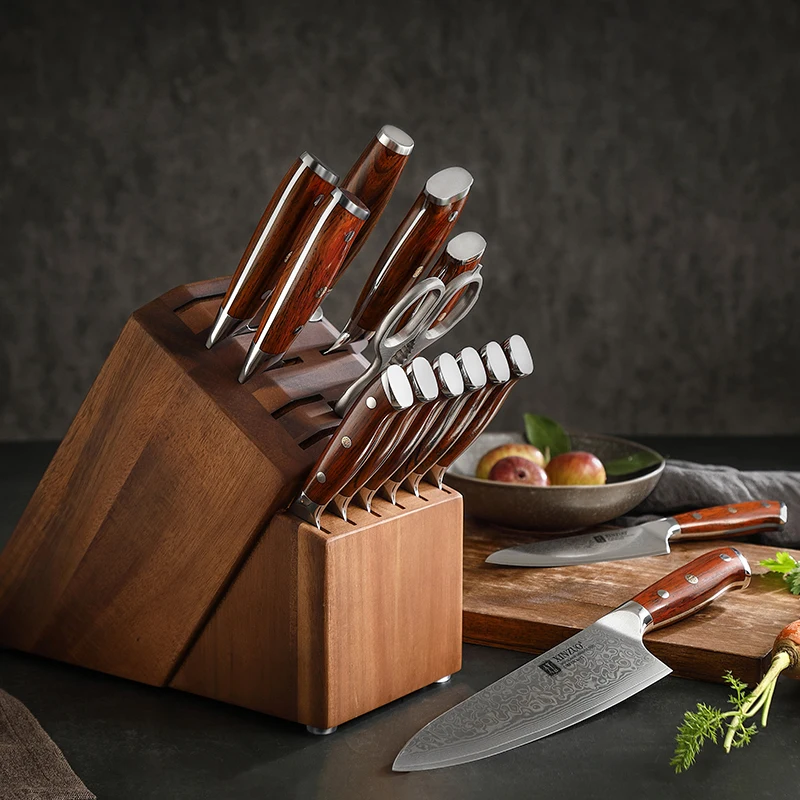 XINZUO Hot Sale 15 pcs Knife Sets Professional 67 Layers Damascus Steel Carbon Steel Kitchen Chef Knives Set with Accessories