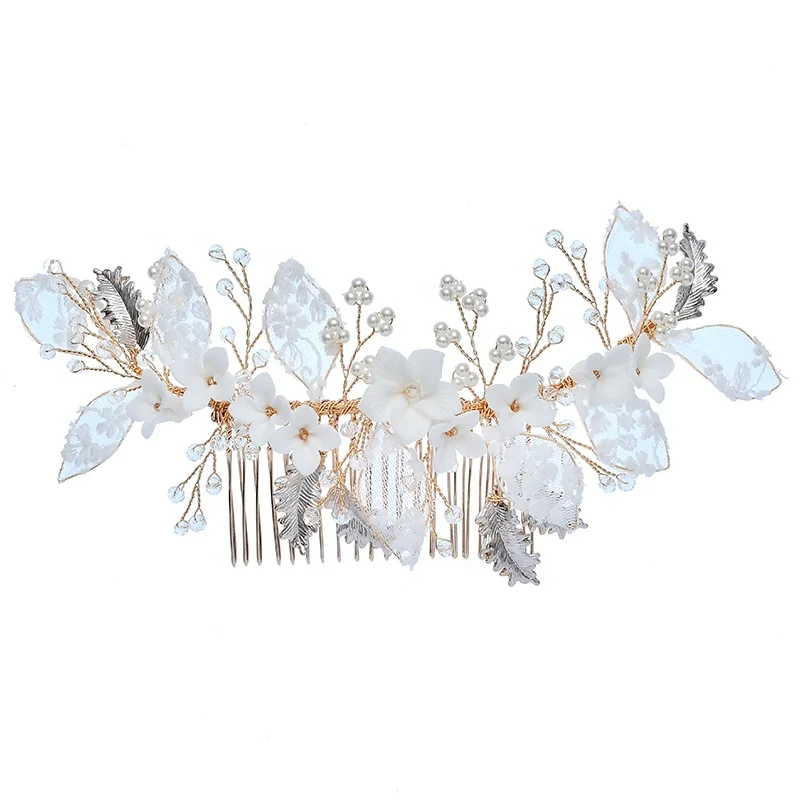 Роскошный кружевной Цветочный жемчужный свадебный головной убор повязка для волос Выпускной керамический цветочный золотой гребень с листьями