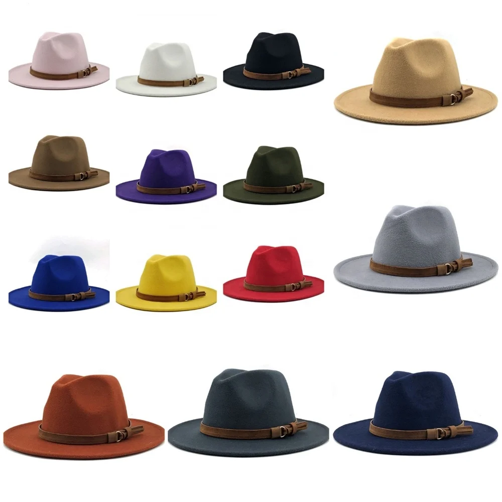 2022 high quality wide brim fedora hats wholesale custom solid color wool unisex fedora hats