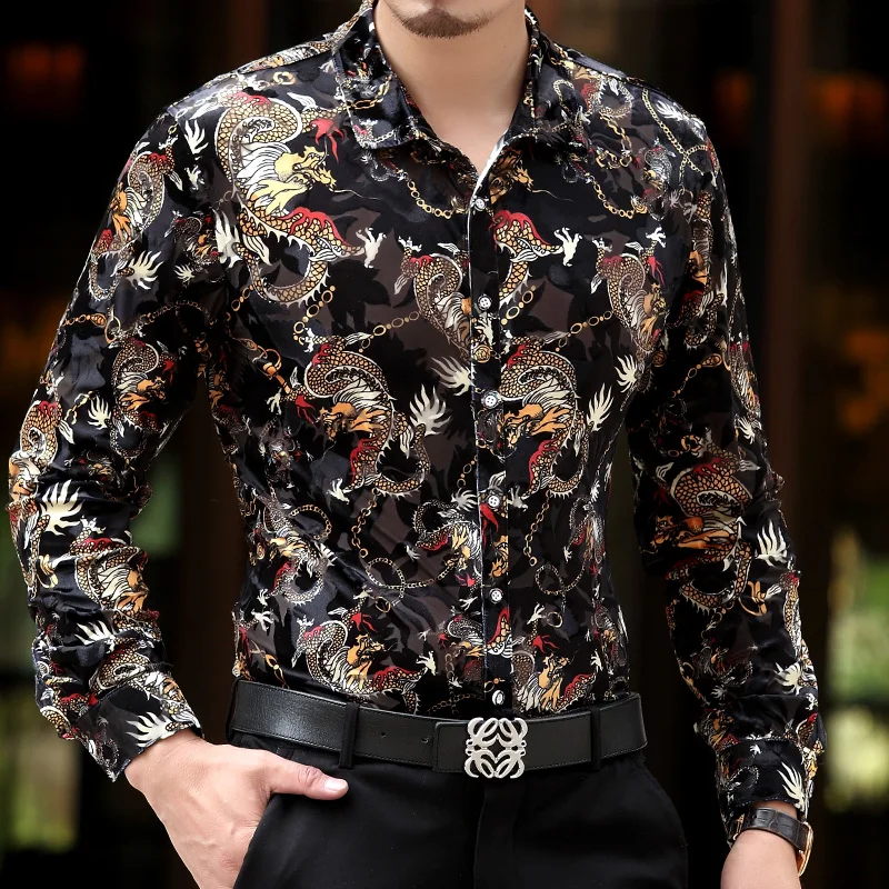 
New spring clothes for men pleuche printing long sleeve Size M-3XL Slim shirts 