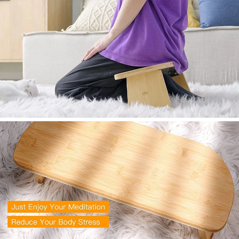 Portable Folding Ergonomic Yoga Bench Bamboo Meditation Bench with Hinged Folding Legs