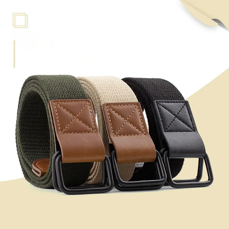 Unisex canvas woven double ring buckle  hip hop style nylon metal buckle material weaving fabric belts for men
