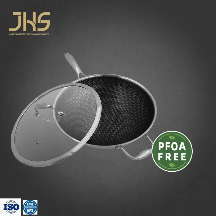 Manufacturer High Quality Tri Ply 304  Stainless Steel Non Stick Coating Honeycomb Wok With Stay Cool Long Handle