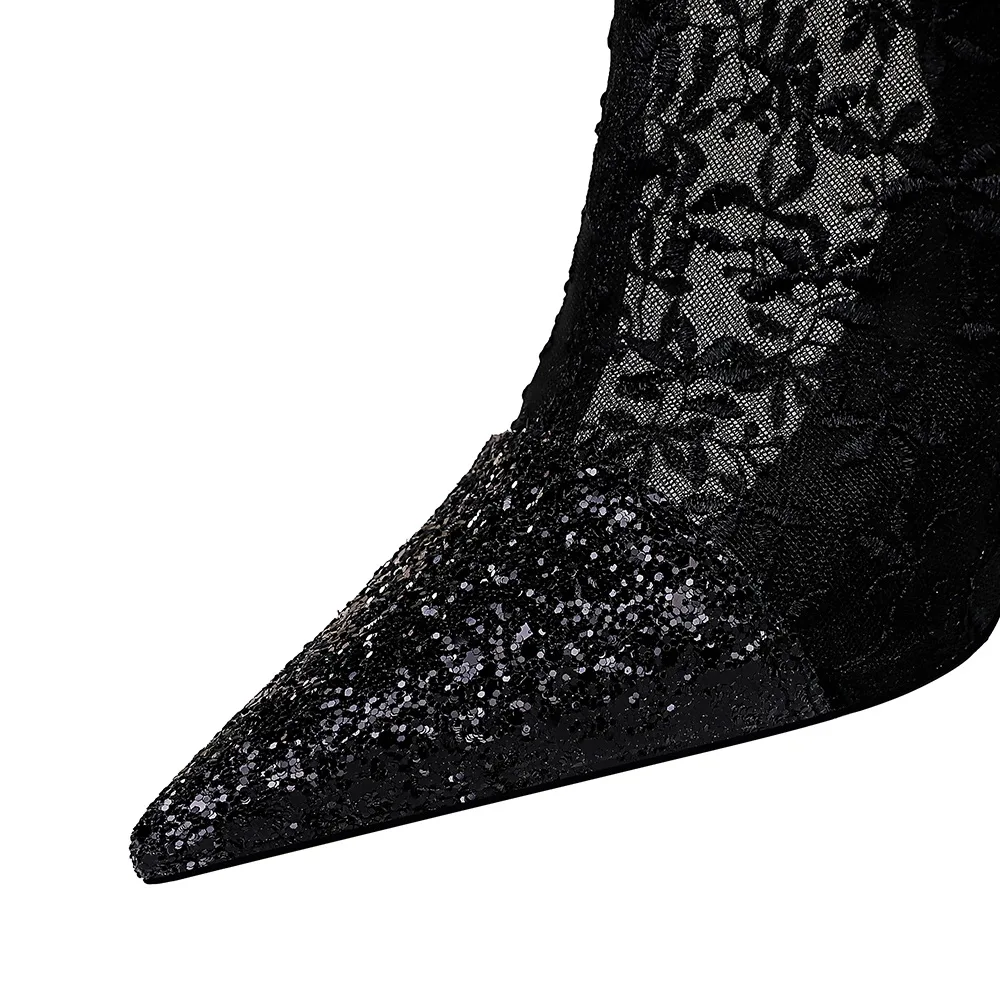 316-3 BIGTREE Fashionable stiletto boots for women Sequin lace is sexy Transparent mesh ankle boots New ankle boots for 2020