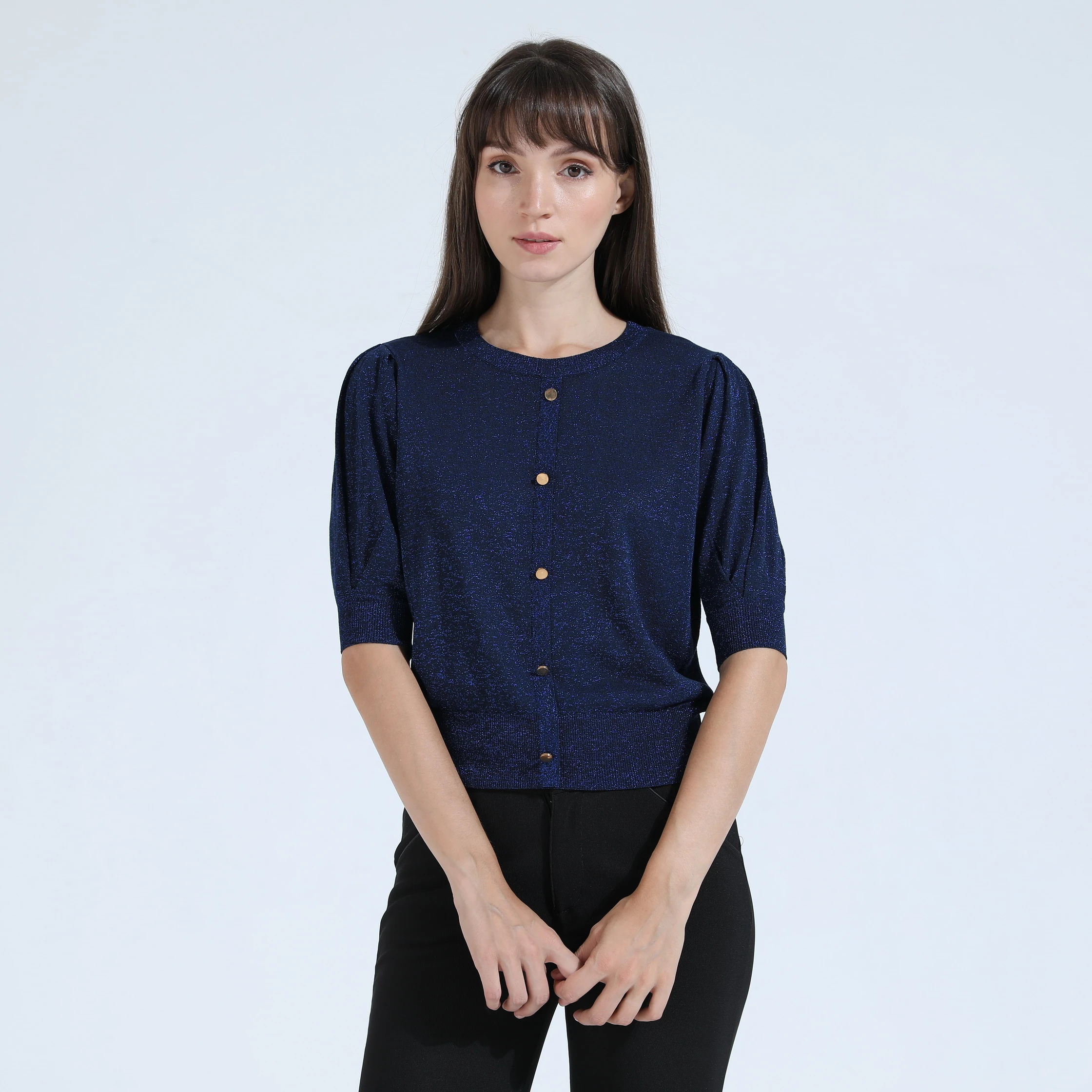 Милый Блестящий кардиган с люрексом, темно-синий базовый кардиган с коротким рукавом и вырезом лодочкой, женская одежда, Свитера на пуговицах