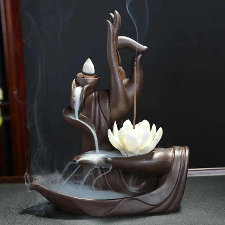 Zen Buddha Hand Incense Burners Backflow Incense Burner Holder Lotus Home Decor Joss Stick Aroma Tower Censer