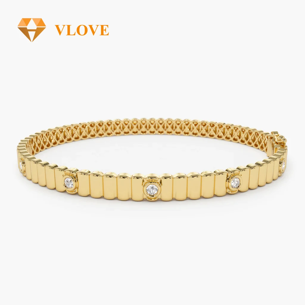 VLOVE Best Selling Jewelry for Women Diamond Bracelets 14k Gold Ribbed Diamond Bangle Bracelet