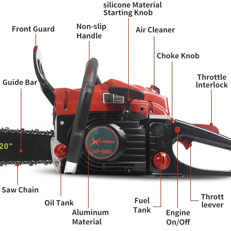 Professional 58cc Gasoline Chain Saw Two Stroke Chainsaw Oil Engine Gas Dynamic Wood Cutting Machine