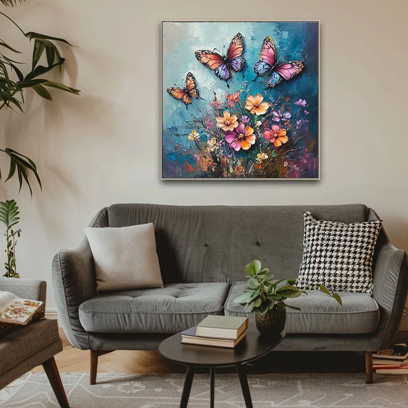 Custom Modern Hot Selling Oil Paintings Butterfly Backside Hand-painted Brush Flowers Canvas Art Prints For Hotel Projects