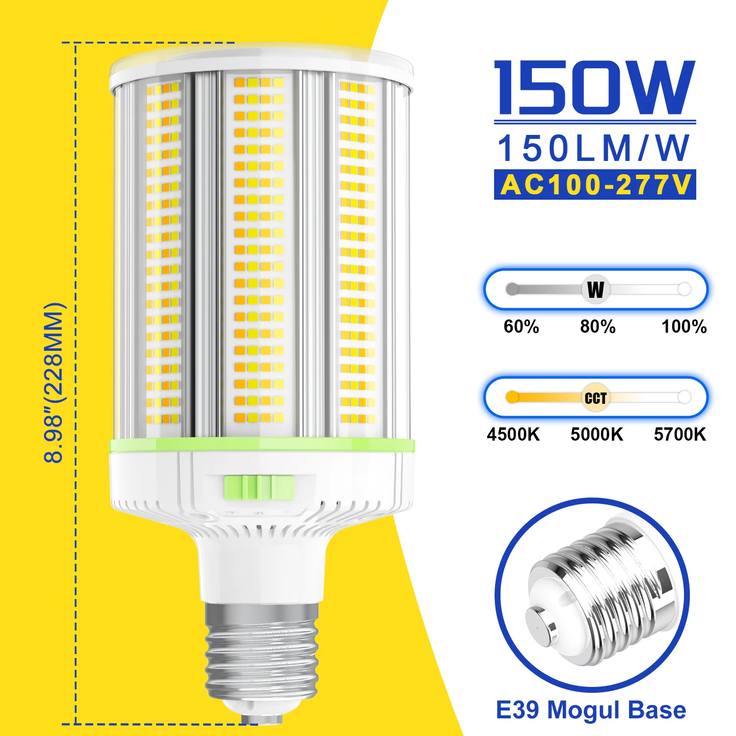 US Stock CCT Power Adjustable 60W 80W 100W 120W 150W Warehouse Office Outdoor Street Area Lighting LED Corn Bulb Light