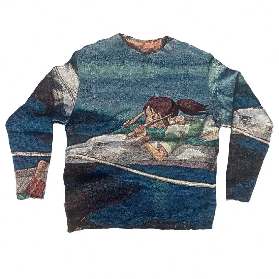 Custom Wholesale For Men Manufacturer Streetwear Plus Size Street Ware Rap Japanese Long Sleeve Woven Anime Tapestry Sweater