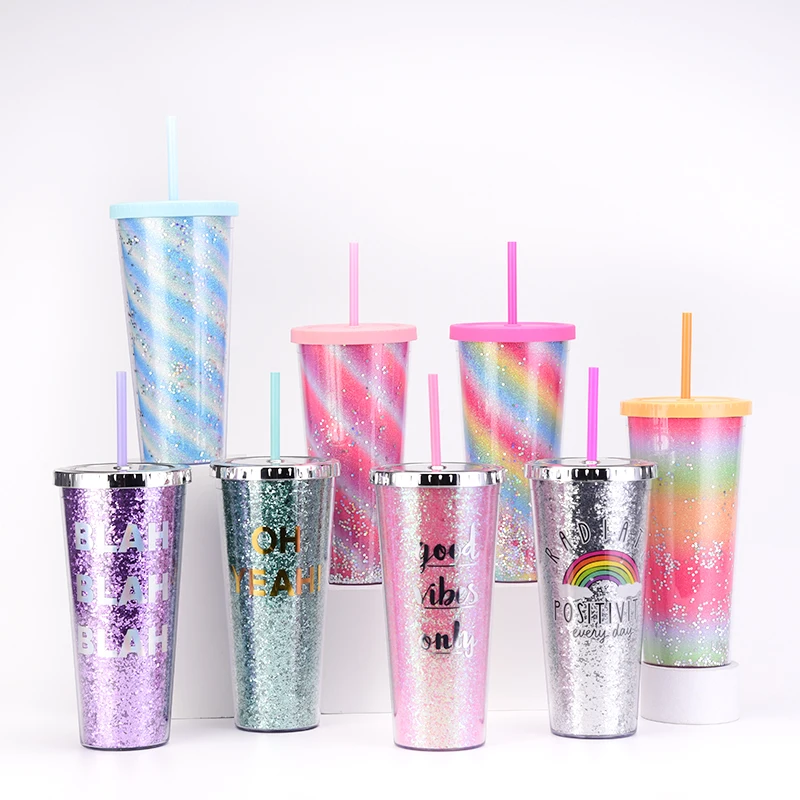 Rainbow Large Capacity 700ml Double Wall Plastic Straw Tumbler Golden Scallion Cloth Suitable for Car Cafes Restaurants Milk