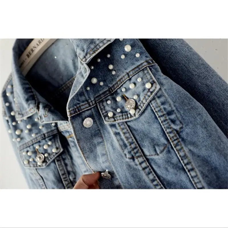 SP2948A  Spring Fall Pearl Beading Jeans Coat  Women Denim Jacket