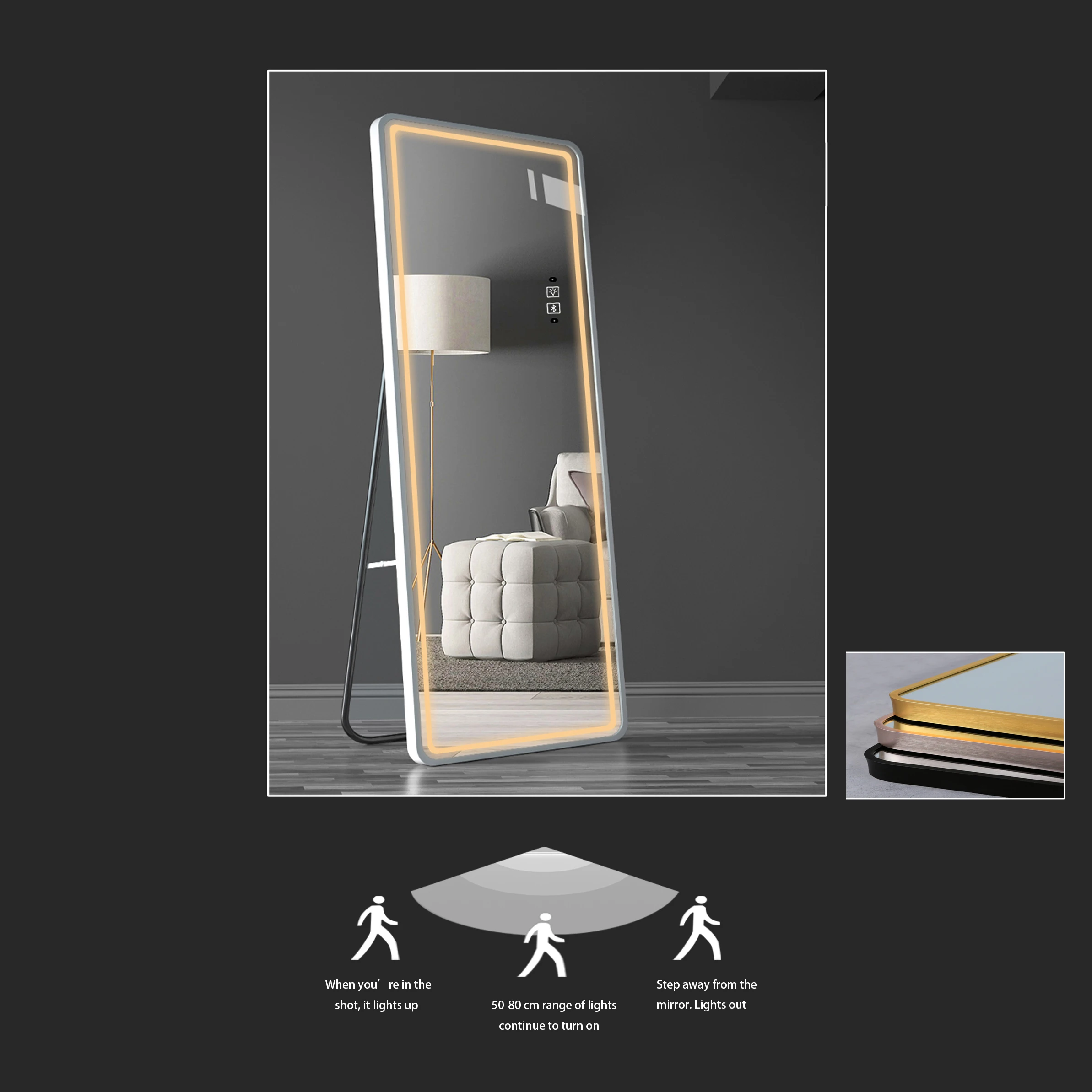 YUSON LED SMART touch wall mounted mirror bedroom hotel full body length dressing mirror with LED