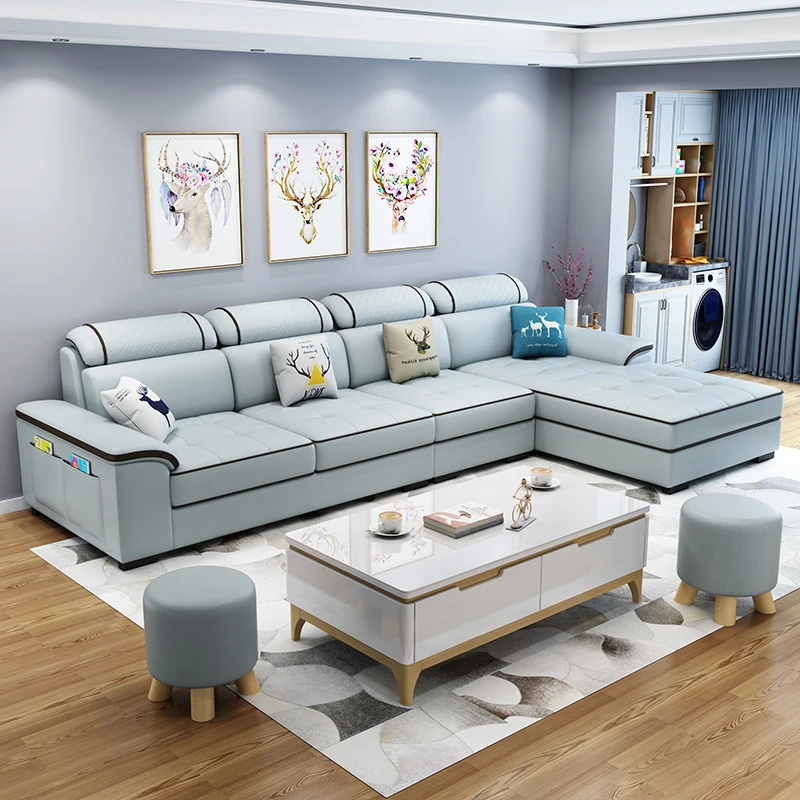 Luxury Italian Style Modern Sleeper Design Sofa Fabric White Blue Corner Recliner 3 Seater Lounge Sofa Set Living Room Furniture