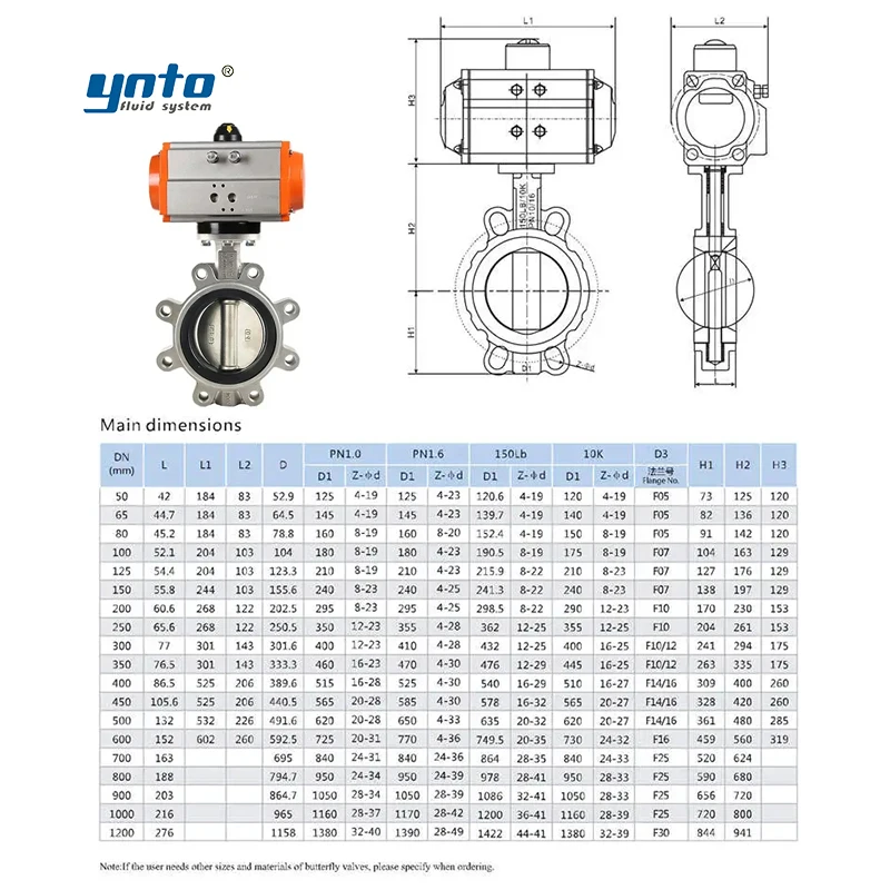 YNTO industrial LTD371X-150LBP Stainless Steel Lug Type Valve 3 4 6 inch Flow Control Ductile Iron SS Pneumatic Butterfly Valve